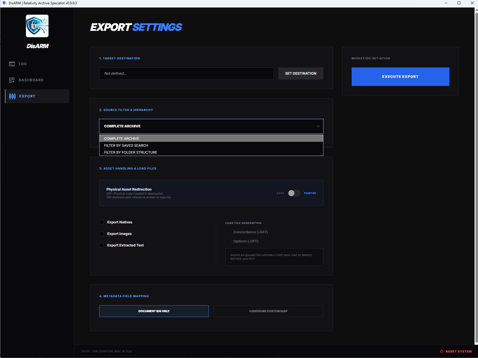 disARM export settings, configuring Concordance DAT and Opticon OPT load file output