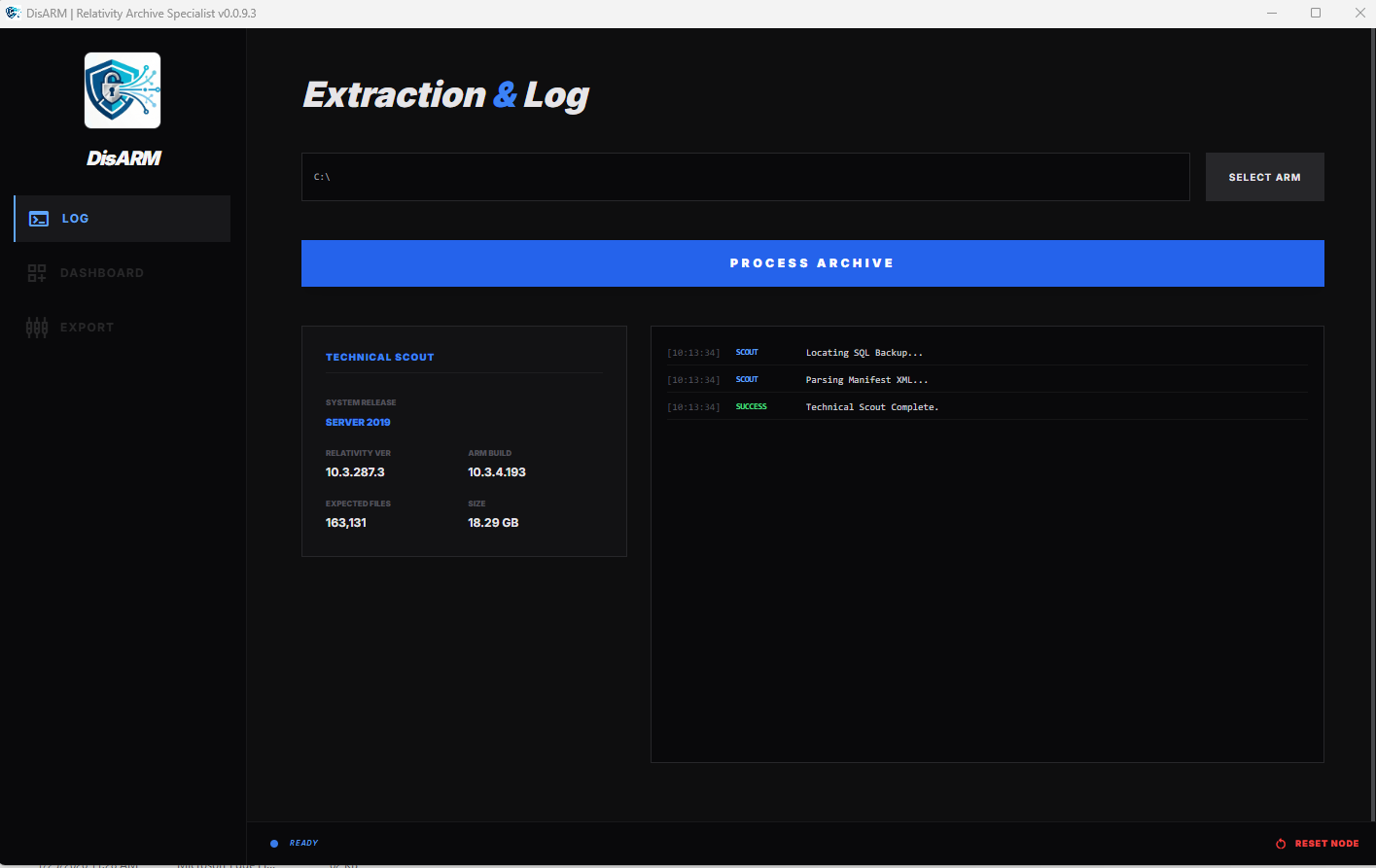disARM extraction and log view, showing real-time parsing and SQL LocalDB orchestration