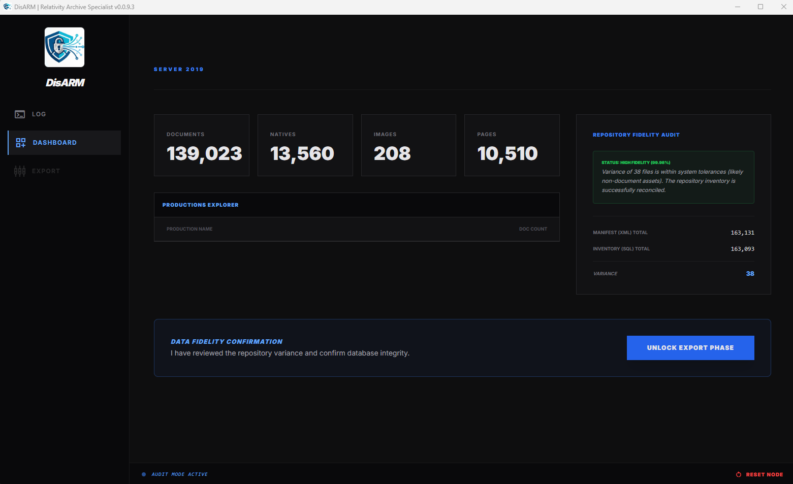 disARM health and integrity dashboard, showing document counts and missing-file alerts